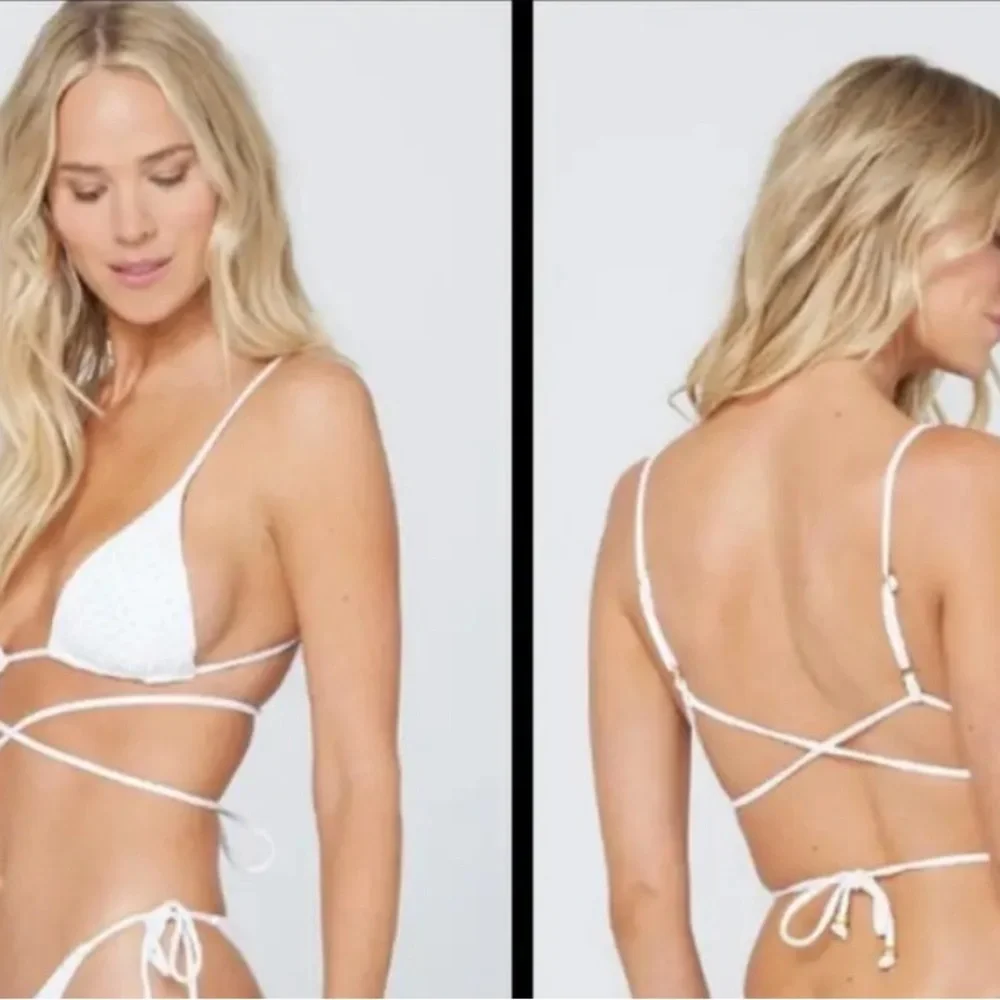 L*Space White & Gold Studded Strappy Bikini Top